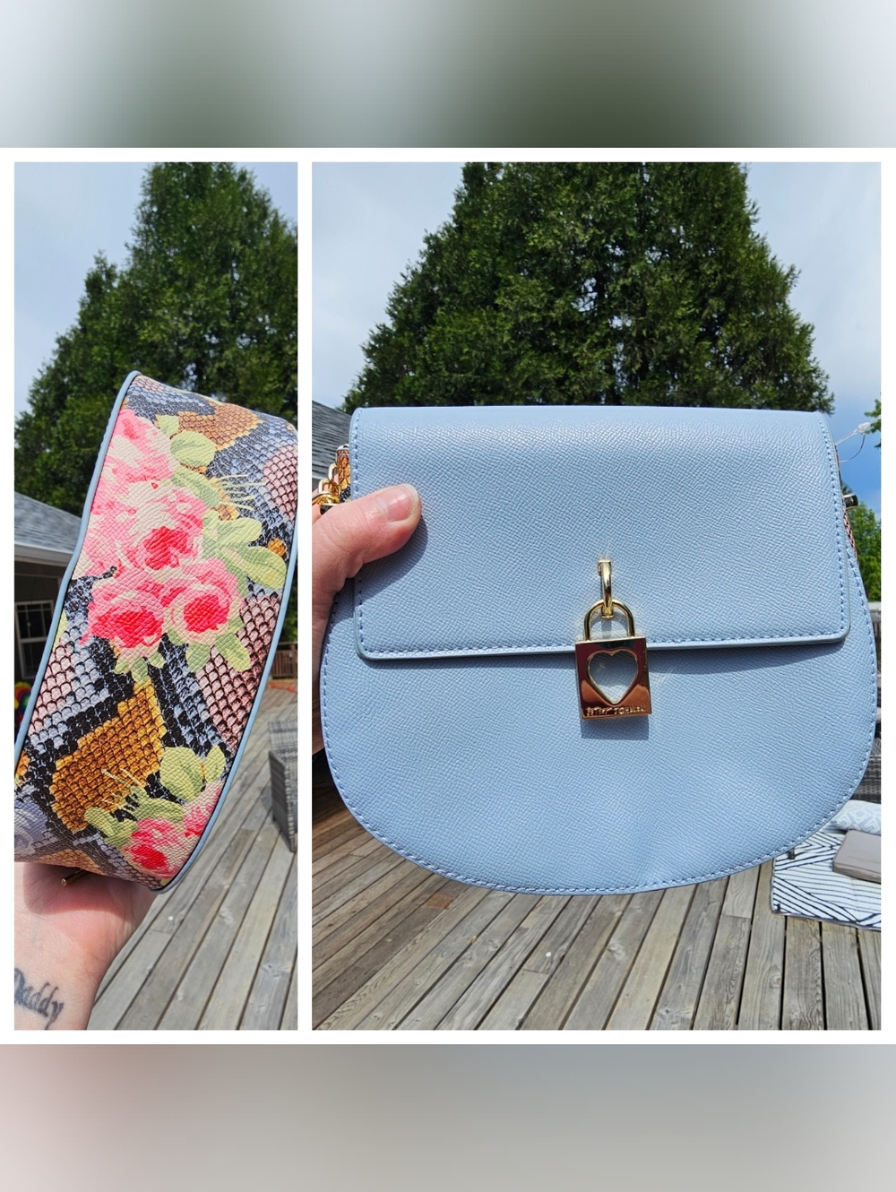 Light Blue Heart Lock Crossbody Bag with Floral Snake-Print Strap